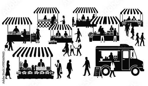 A bustling outdoor market scene is depicted with various vendor stalls shoppers and a food truck all rendered as a silhouette high quality professional
