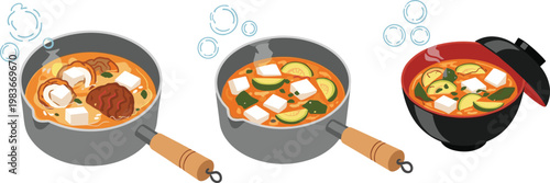 Japanese Miso Soup Cooking Set with Tofu Vegetables and Simmering Pots Traditional Asian Cuisine Kitchen Vector Illustration Collection