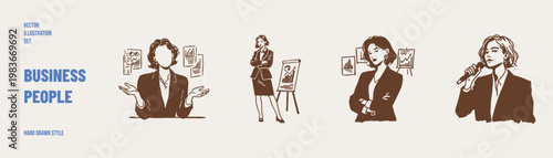 Business women presentation speaker charts corporate communication set. Female professionals explain data and talk with audience. Illustrations for reports and training in hand drawn sketch style.