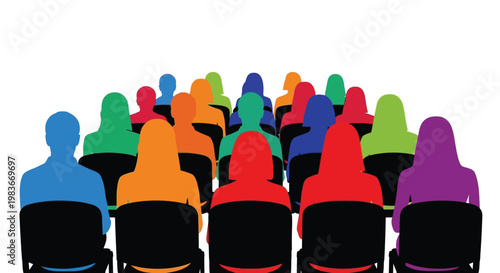 A vibrant collection of colorful human silhouettes seated in rows suggesting an audience or gathering silhouette high quality professional detailed modern elegant stylish clean