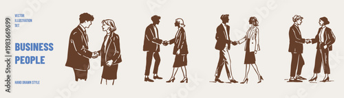 Business handshake partnership agreement deal cooperation set. People greet and conclude contracts in formal outfits. Illustrations for presentations and branding in hand drawn sketch style.