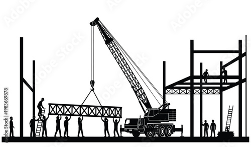 A black and white illustration depicts construction workers operating a large crane lifting steel beams showcasing a busy construction site silhouette high quality professional