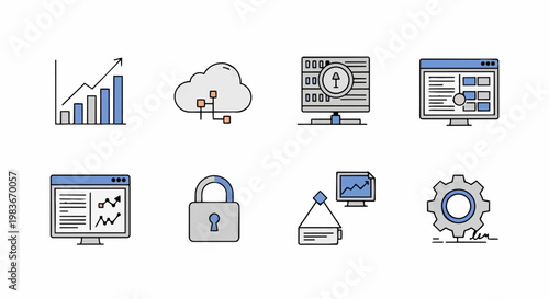 Business strategy and finance concepts illustrated through digital technology and security icons in a corporate setting.