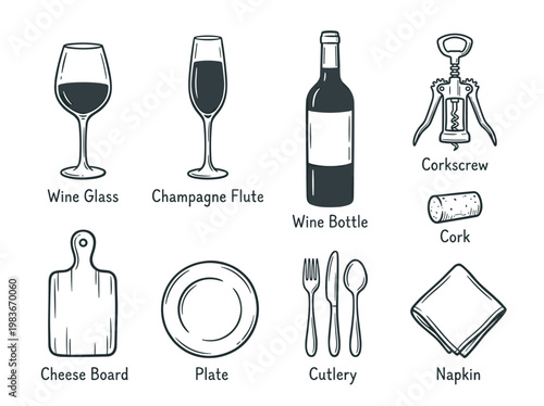 Wine party tableware icon set: vintage hand-drawn illustrations of glassware, bottle, and appetizers
