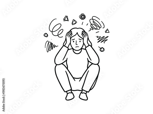 Stressed woman sitting and holding her head, hand-drawn doodle illustration representing burnout and anxiety