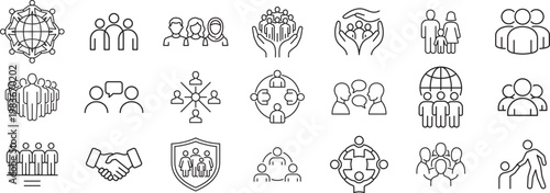 Society line icon set. Editable Stroke. Community, people, cooperation, unity, social, network - stock vector.