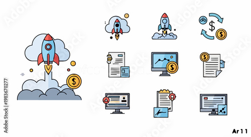 Business growth and success concept with finance and technology elements in office