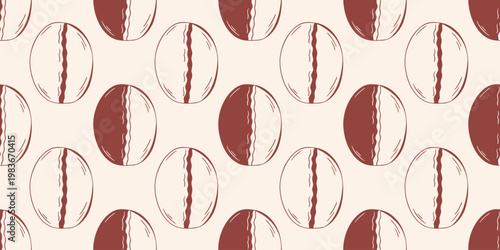 Artisan rye oval bread buns with various wavy decor seamless pattern, brown outline doodle flat retro style. Minimalist hand drawn vector illustration for bakery, pastry design, on beige background.
