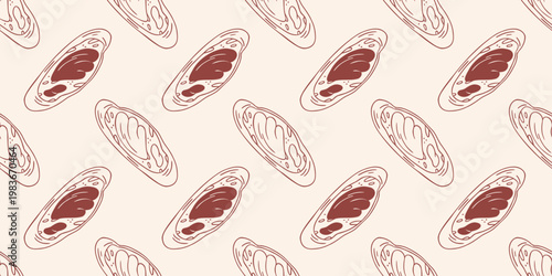 Baguette bread slices with chocolate paste or jam and butter seamless pattern, brown outline doodle flat retro style. Minimalist hand drawn vector for bakery breakfast menu, on beige background