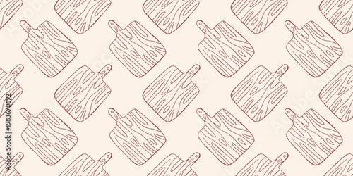 Wooden cutting board with wood grain texture geometric seamless pattern, brown outline doodle flat retro style. Minimalist hand drawn vector background for kitchen decor, wrapping paper, on beige