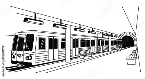 A black and white line drawing depicts a subway train within a tunnel showcasing the station platform and architectural details silhouette high quality professional