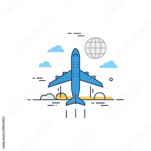 Airplane taking off over sunset horizon