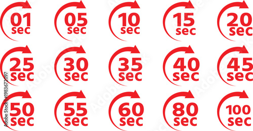 Collection of red circular time icons with varying second durations