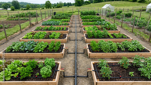 Drip irrigation system in raised garden beds demonstration layout