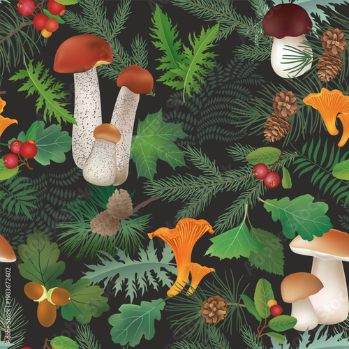 Pattern with wild berry, leaves and mushrooms. Seamless vector seasonal forest textured background.