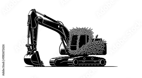 Black and white illustration of excavator.