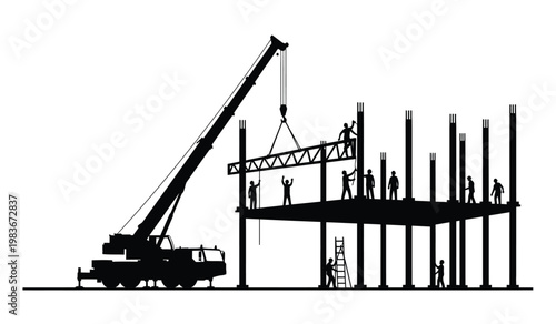 A striking black silhouette depicts a construction site with a large crane lifting steel beams into place showcasing workers building a structure silhouette