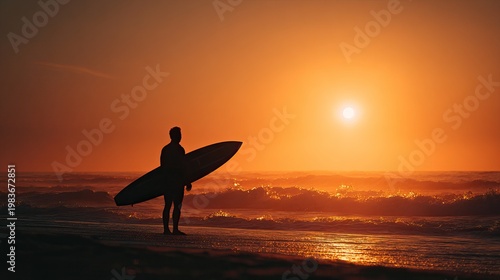 Surfer Silhouette Standing On Beach Holding Longboard Against Vivid Orange Sunset. AI generated image