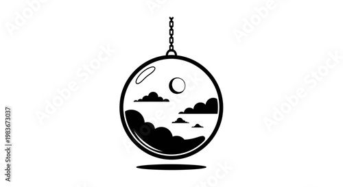 Black and white illustration of a pendant with a scenic landscape.