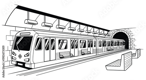 A detailed line drawing depicts a subway train arriving at a station within a tunnel showcasing a stark contrast and a bold silhouette