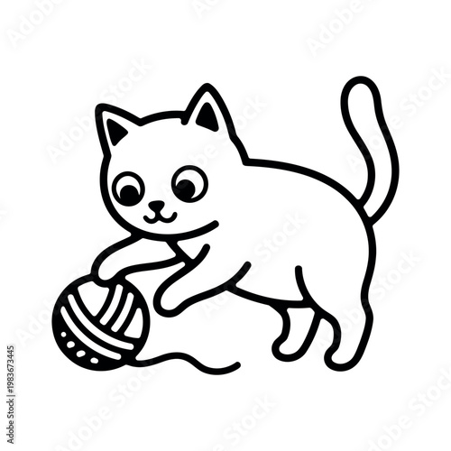 Cat playing with a ball of yarn cartoon black and white
