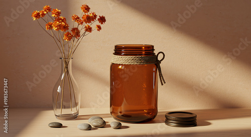A warm inviting still life featuring orange flowers in a glass vase and amber jar