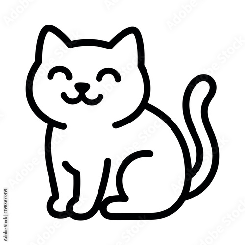 Cute cartoon line of a happy sitting cat with closed eyes