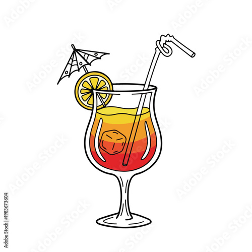 Tropical Cocktail Glass with Ice and Umbrella