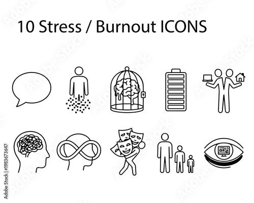 A modern set of minimal line icons representing stress, burnout, mental fatigue, and digital overload concepts. Includes abstract metaphors of emotional exhaustion, work pressure, anxiety.