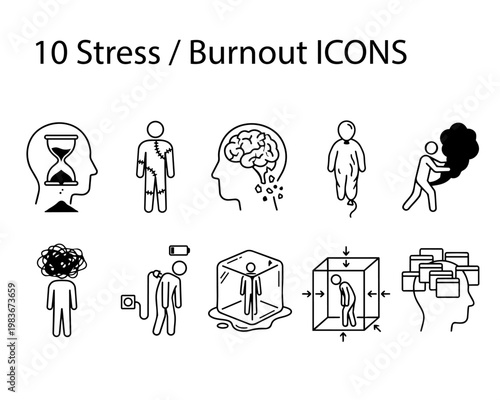 A modern set of minimal line icons representing stress, burnout, mental fatigue, and digital overload concepts. Includes abstract metaphors of emotional exhaustion, work pressure, anxiety.