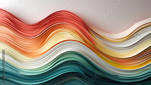 Abstract flowing waves of layered paper in vibrant red orange yellow and teal hues