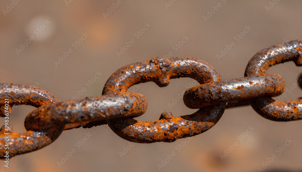 Fototapeta premium Rusted iron chain close-up on oil panel showing orange brown red rust tones and thick palette-knife texture layers
