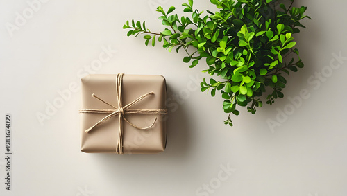 A kraft paper gift box tied with twine sits beside lush green foliage