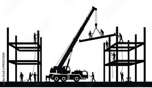 A stark black silhouette depicts a construction site with a large crane lifting steel beams and workers actively building a structure silhouette high quality