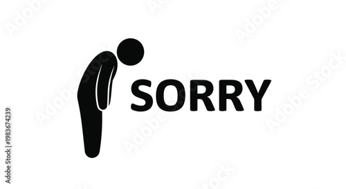 A stark black silhouette of a person bowing their head accompanies the word sorry in bold lettering conveying regret and apology silhouette high quality