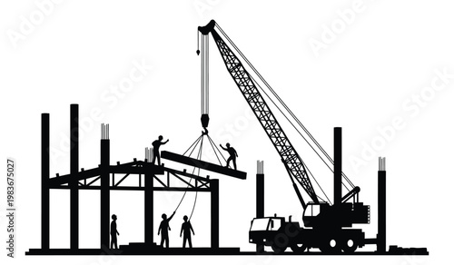 A black silhouette depicts construction workers assembling a steel framework with a large crane in operation showcasing industrial work silhouette high quality professional detailed