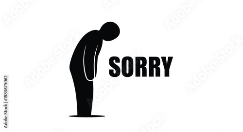 A stark black silhouette of a person bowing their head accompanies the word sorry conveying apology and regret silhouette high quality professional detailed modern