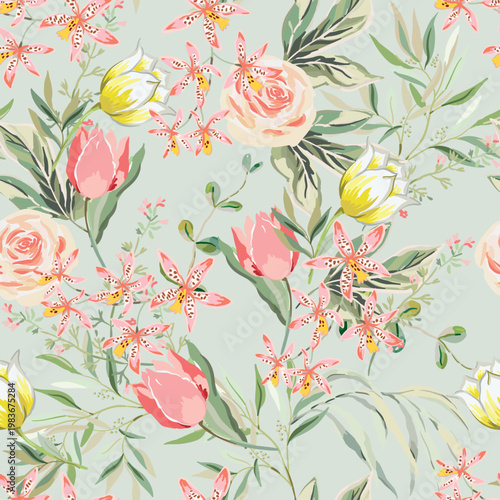 Pink and yellow tulips, roses, orchid flowers, leaves, green background. Floral illustration. Vector seamless pattern. Botanical design. Summer garden plants