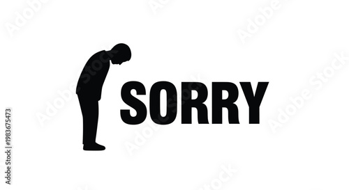 A black silhouette of a person bowing their head in apparent remorse beside the word sorry in bold lettering silhouette high quality professional detailed