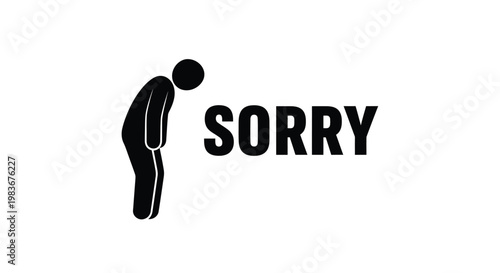 A stark black silhouette of a person bowing their head accompanies the large bold text sorry conveying apology and regret silhouette high quality professional