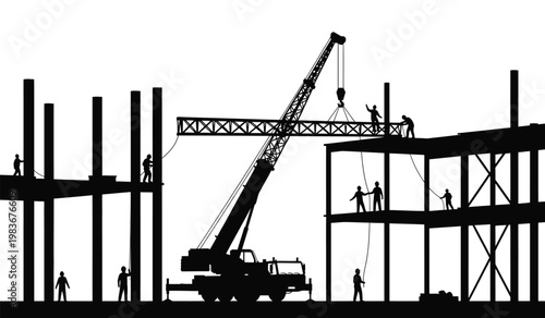 A striking black and white image depicts a construction site with a large crane workers and steel beams presented as a silhouette high quality