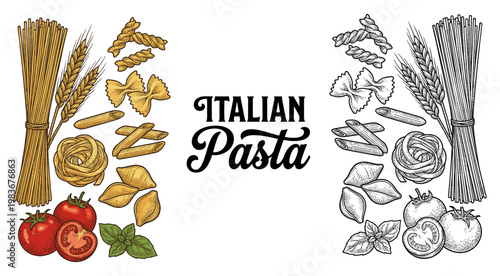 Italian pasta engraving with spaghetti tomato and wheat