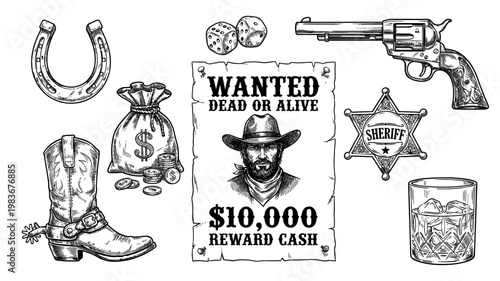 Wild West engraving set with revolver wanted poster sheriff badge boot