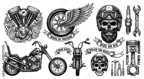 Vintage motorcycle biker set with skull engine chopper and piston