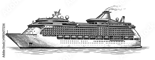 Vintage cruise ship engraving for travel and ocean tourism vacation