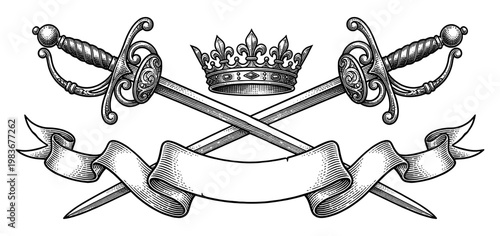 Vintage heraldic engraving with crossed sword crown and ribbon banner