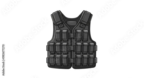Black Tactical Protective Vest with Utility Pockets Isolated on White