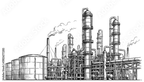 Oil refinery industrial plant engraved vintage sketch hand drawn