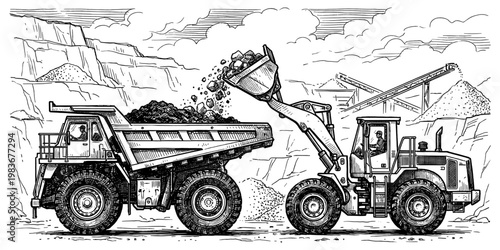 Wheel loader loading dump truck mining quarry engraved vintage sketch hand drawn