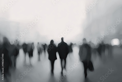 Blurred Silhouettes of People Walking in a Hazy Urban Environment.